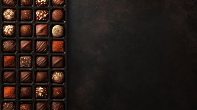 Dark background with various types of chocolates and truffles on the left side, top view. The chocolates are arranged in rows and squares against a black backdrop. 