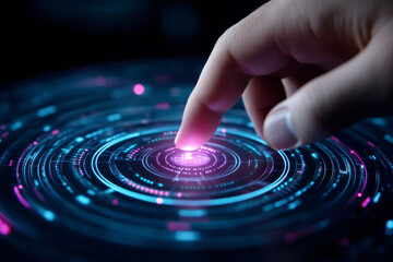 Hand touching glowing virtual technology surface. Future innovation and touch-based technology.   