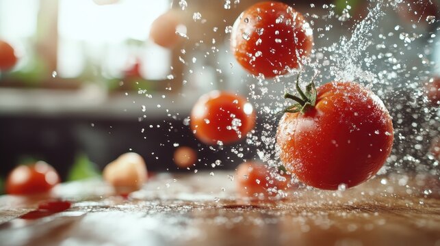Juicy red tomatoes are splashing in water with vibrant droplets, capturing a moment of freshness and exuberance in a beautifully lit kitchen background.