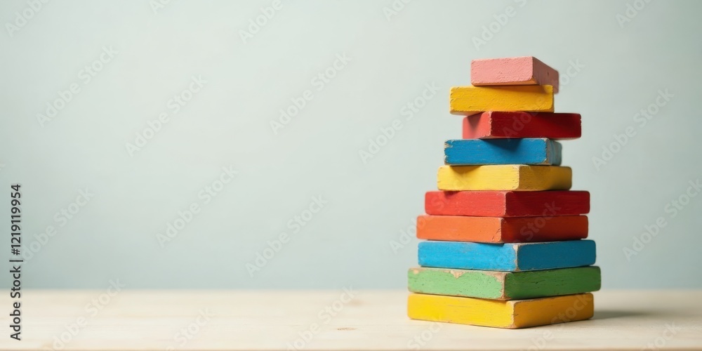 Poster A Stack of Colorful Wooden Blocks on a Light Wooden Surface Against a Pale Blue Background