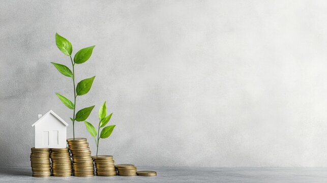 Growing Investment Home and Plant Sprouting from a Stack of Coins
