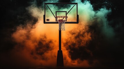 Dramatic Basketball Hoop Surrounded by Colorful Smoke at Night
