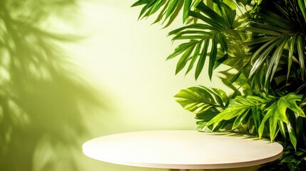 Obraz premium Lush Tropical Foliage With Round Table Mockup