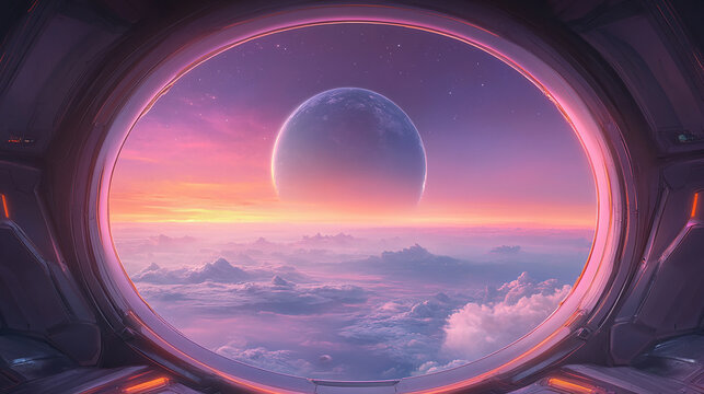 Planet View Through a Futuristic Spaceship Window at Sunrise