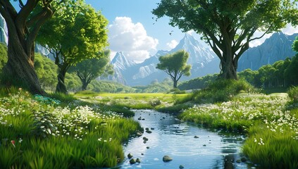 Serene landscape painting of a tranquil stream meandering through a vibrant meadow, set against a backdrop of majestic mountains under a bright, sunny sky.