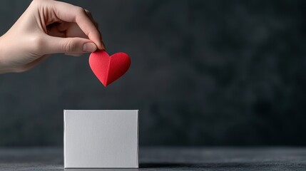 Charity Heart Donation: Female Hand Inserts Red Paper Heart into White Box - Fundraising for Election and Gratitude Love Concept