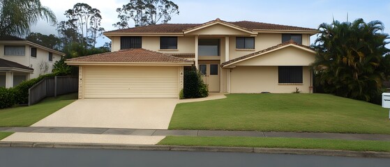 Two Story Beige House Suburban Home Exterior