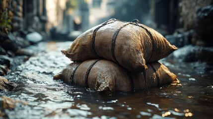 Two burlap sacks tied with rope float in a shallow stream.