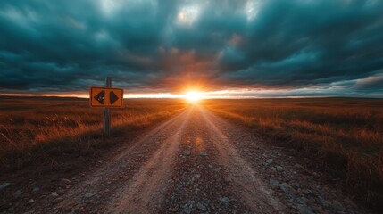 A dynamic scene featuring a curvy dirt road with caution signs, leading towards a vibrant sunset that evokes feelings of mystery and anticipation for what lies ahead.