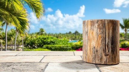 Naklejka premium Rustic Tree Stump on Tropical Beach with Lush Palm Trees and Ocean View