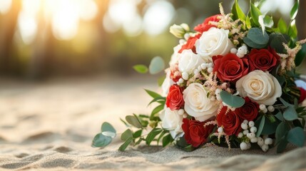 Fototapeta premium A beautiful floral arrangement showcasing red and white roses adorned with greenery, meticulously presented on a sandy background, evoking feelings of love and joy.