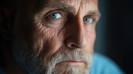 Obraz premium A close-up portrait of an elderly man with striking blue eyes and deep wrinkles, showcasing a thoughtful expression against a softly lit background, evoking depth and wisdom.