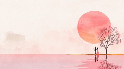 Obraz premium Romantic silhouette couple by the water against a beautiful sunset background for Valentine's Day celebration