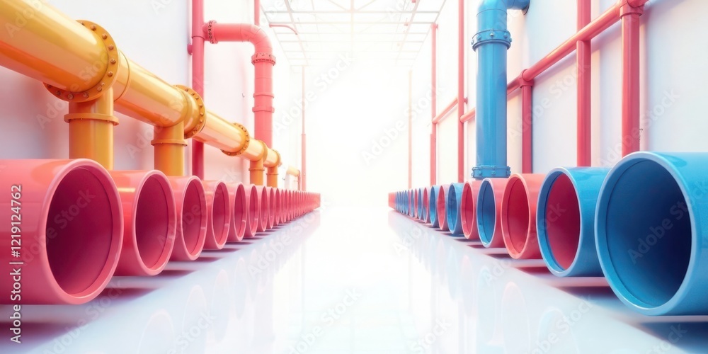 Poster a colorful industrial pipeline system showcases vibrant hues of orange, pink, and blue, creating a v