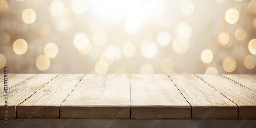 Wall mural Empty light brown wooden table top with a blurred abstract background for product display montage, a blurred interior and a bokeh panorama in full frame.