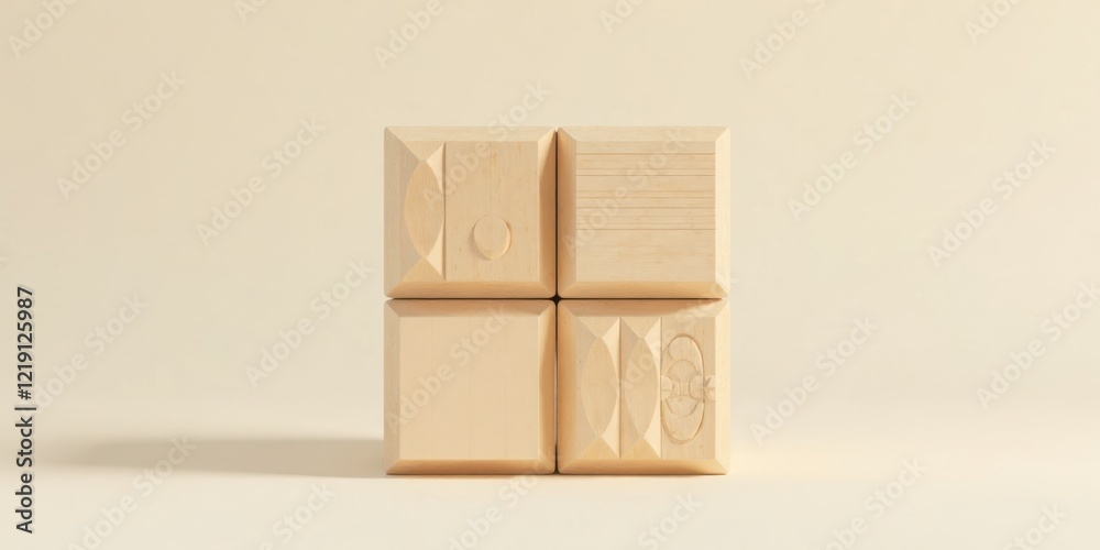 Poster Abstract Wooden Block Composition with Carved Geometric Designs and Subtle Textural Details on a Neutral Background