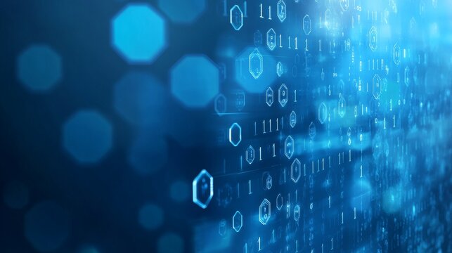 Futuristic blue hexagonal digital background with glowing binary code and abstract technology elements – innovation, data transmission, and ai-inspired network design


