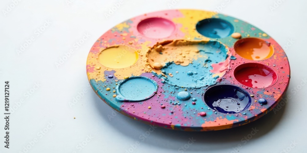 Poster A vibrant, multicolored paint palette with remnants of various hues, displaying a chaotic yet artistic arrangement of colors and textures, suggesting a recent burst of creative expression.