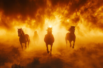 Fototapeta premium horse running in the fire background with smoke. (golden hour) 