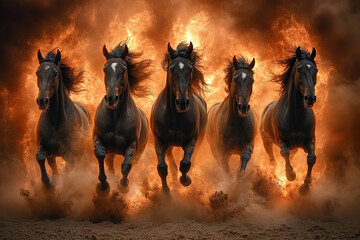 horse running in the fire background with smoke. (golden hour)	