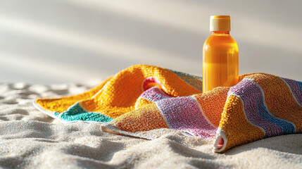 A Colorful Beach Towel And Sunscreen Bottle Placed On The Sand