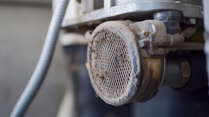 A closeup of a filtered air intake on a compressor showing the accumulation of dust that needs to be addressed to maintain efficiency.