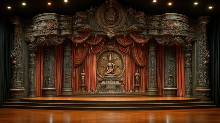 Obraz premium Ornate Stage Setting with Intricate Carving and Red Curtains