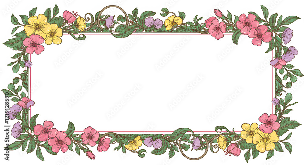 Fototapete a card template featuring a floral border frame, adorned with multicolored flowers and leaves, suita
