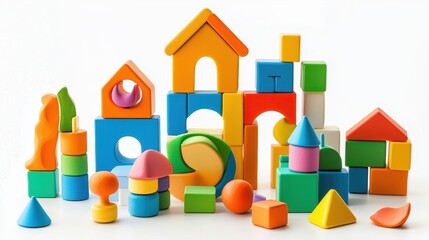 A collection of educational toys and games such as puzzles and building blocks on a white isolated background