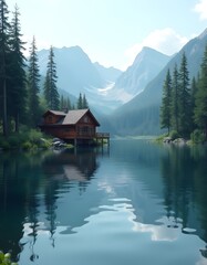 Fototapeta premium Serene Mountain Lake Cabin Retreat Stunning Landscape Photography