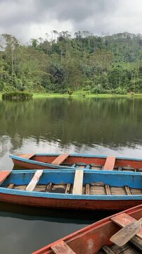 View of Kumpe Lake in Banyumas, Central Java, Indonesia, captured on January 25, 2025. A traditional wooden boat floats on calm waters, surrounded by lush greenery, showcasing Indonesia's serene lands