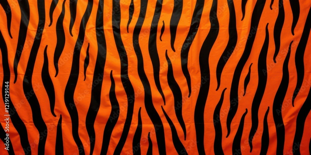 Poster Vibrant orange and black striped fabric texture, ideal for textile design projects, showcasing a bold and dynamic pattern with wavy lines and a striking contrast.