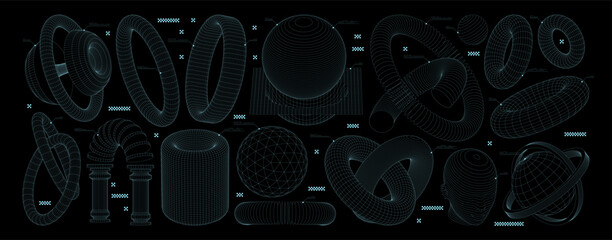 Collection wireframe shapes. High and low poly torus, 3D geometric shapes. Vector blanks for a poster, banner, business card, sticker