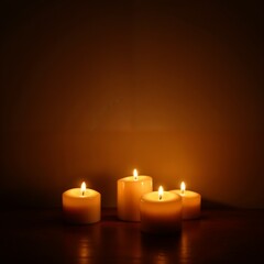 glowing candles on a wooden surface with warm, soft light in a cozy ambiance 
