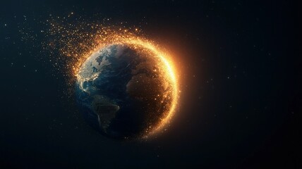 Obraz premium A glowing Earth is partially engulfed in fiery particles against a dark background, symbolizing transformation and cosmic energy.