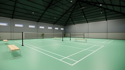Corner view Indoor Badminton Court with Green Flooring, white line and Benches