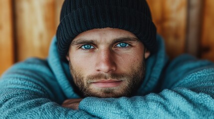 A young man with piercing blue eyes gazes intensely at the camera, showcasing a blend of emotion and style while wearing a cozy hoodie and beanie in a rustic setting.