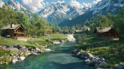 Fototapeta premium Mountain river village idyllic summer scene