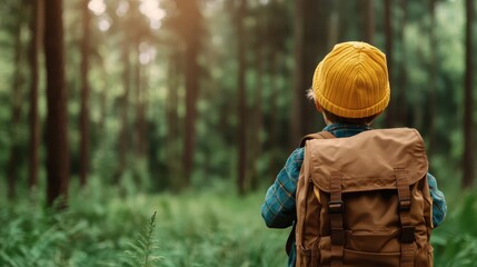 A young child wearing a yellow knit hat stands alone in a lush green forest, symbolizing adventure and curiosity in the tranquility of nature's embrace and exploration.
