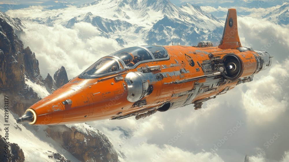 Poster Orange Spaceship Soaring Above Snowy Mountains