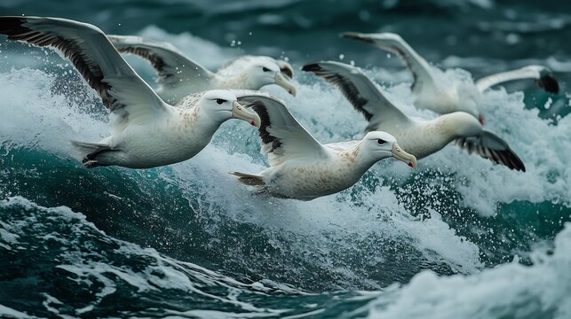 A group of albatrosses in flight over turbulent ocean waves