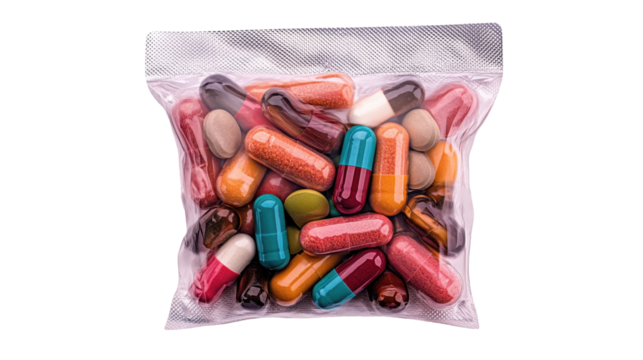 A collection of colorful capsules and pills in a transparent bag for health purposes. transparent background