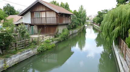 Obraz premium Scenic Canal House Reflection Calm Water Wooden House