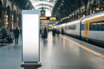 A blank mock up vertical advertisement billboard in a bright, modern train station