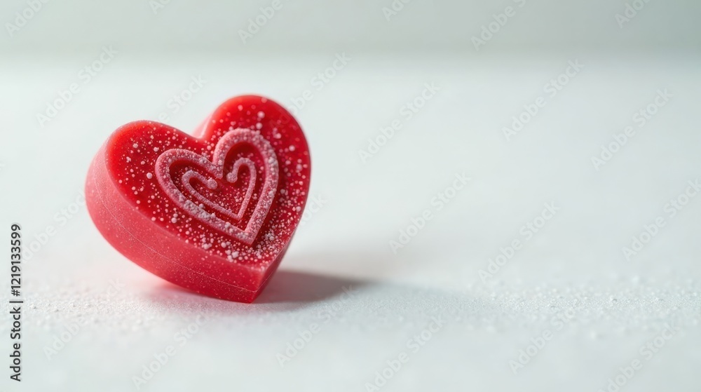Aufkleber A Delicate Red Heart Shaped Confection with Intricate Design, Sprinkled with Fine Particles, Resting on a Smooth White Surface