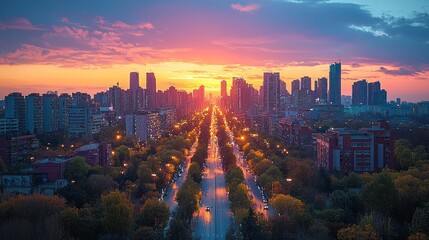 Obraz premium Sunset over city avenue, vibrant sky, cityscape background, travel photography