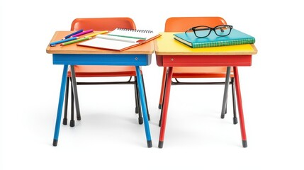 Fototapeta premium A set of school desks with notebooks, pens, and reading glasses on a white isolated background