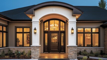 Elegant entrance of a modern home featuring large windows, stone accents, and warm lighting, creating a welcoming atmosphere.