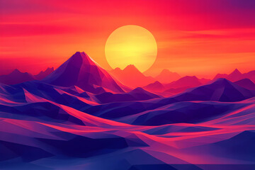 Fototapeta premium Vibrant Abstract Sunset Over Geometric Mountain Landscape With Bold Colors Of Red, Orange, And Purple In A Futuristic Style. Generative AI