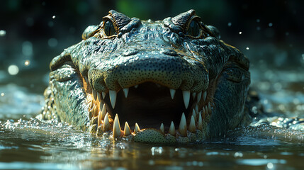 Fototapeta premium Close up of an alligator’s head in water with prominent teeth and eyes